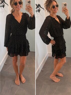 Black Printed Long-Sleeve Smocked Tiered Mini Dress, NWT